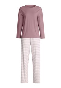 Maglietta di cotone mauve a maniche lunghe abbinata a pantaloni bianchi con sottili righe viola. Design semplice, materiale morbido e vestibilità comoda.