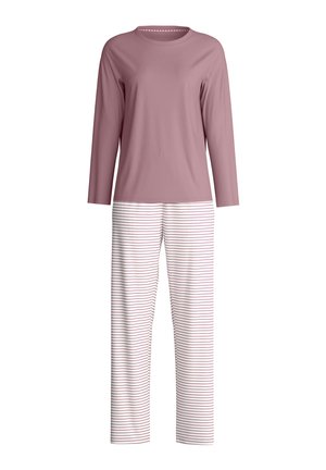 Langzaamskorte mauve katoen top gecombineerd met witte broeken met dunne paarse strepen. Eenvoudig ontwerp, zachte textuur en comfortabele pasvorm.