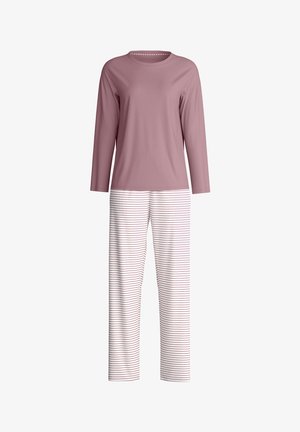 Langzaamskorte mauve katoen top gecombineerd met witte broeken met dunne paarse strepen. Eenvoudig ontwerp, zachte textuur en comfortabele pasvorm.