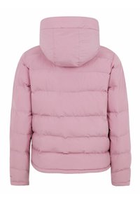 Rosa gepolsterte Jacke mit Kapuze, gestepptem Design und cropped Schnitt. Glattes Material ohne sichtbare Hardware oder Akzente.