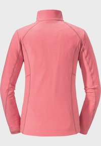 Rosafarbene Fleecejacke mit hohem Kragen, langen Ärmeln und Flachnähten. Weicher Stoff und stromlinienförmige Passform für Komfort und Wärme.