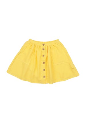 Yellow A-line skirt with front wooden buttons, elastic waistband, and two large front pockets, laid flat on white background.