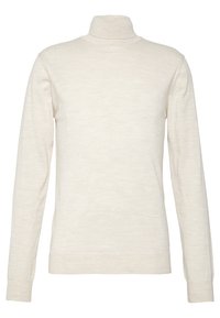 Cremfarbener Rollkragenpullover aus weichem, strukturiertem Strickstoff. Hat lange Ärmel und eine figurbetonte Silhouette. Minimalistisches Design.