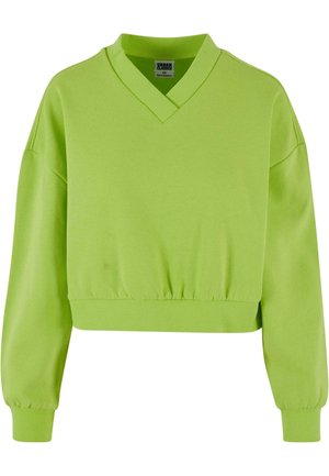 Kappad sweatshirt i klargulgrön, med V-ringning, långa ärmar med ribbade manschetter och en samlad nederkant för en avslappnad passform.