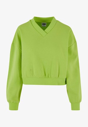 Abgeschnittenes Sweatshirt in leuchtendem Limettengrün, mit V-Ausschnitt, langen Ärmeln mit Rippbündchen und einem gerafften Saum für eine lockere Passform.