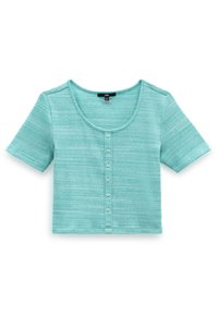 Haut à manches courtes en tissu côtelé turquoise clair avec un col en forme d'encolure ronde et une fermeture à boutons sur le devant, présentant un tissu texturé et une couleur uniforme.