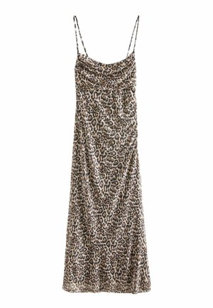 Haljina s leopard uzorkom, tankih naramenica, s cowl dekolteom i prilagođenim siluetom. Izrađena od glatkog materijala s mekom teksturom i prirodnim padom.