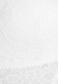 Sutiã de renda branca com padrões florais intrincados, textura suave e um painel transparente contrastante na base. Sem qualquer hardware adicional visível.