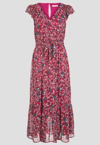 Robe midi à fleurs en tissu léger, avec une base rose ornée de motifs verts et blancs, manches courtes volantées, et taille nouée.