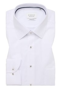 Weißes Langarmhemd mit strukturiertem Kragen, durchgehender Knopfleiste und einem einfachen Manschette. Aus strukturiertem Stoff gefertigt, mit dem Etikett "ETTERNA COMFORT FIT."