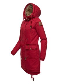 Red parka jacket with a fur-lined hood, drawstring waist, multiple pockets, and brown accents. Made from a textured, durable material.