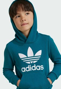 Sudadera verde azulado con un bolsillo canguro en el frente, que presenta un gran logo blanco de Adidas y tres franjas horizontales por encima. Material suave y ajuste ceñido.