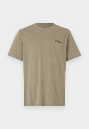Prosty khaki T-shirt z krótkim rękawem z małym czarnym logo Rip Curl na lewej piersi.