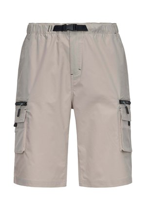 Short cargo beige clair avec taille élastique, ceinture noire à boucle et poches zippées sur les deux cuisses.