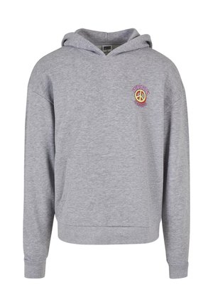 Grå hættetrøje med kengurulomme. Har et farverigt fredssymbol grafik og "Urban Classics" tekst på brystet. Blød stoftekstur.