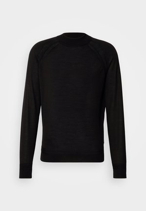 Melnas garās piedurknēs džemperis, izgatavots no mīkstas materiāla, ar apaļu kaklu, ribotām piedurknēm un raglāna piedurknēm ar smalku tekstūru.