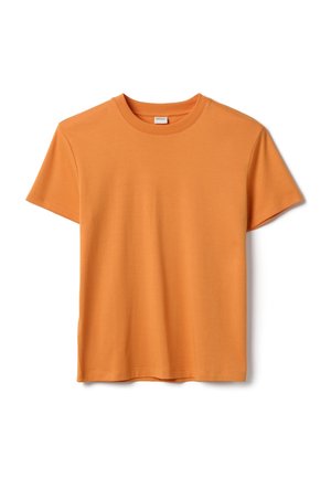 Maglietta arancione a maniche corte in cotone con scollo rotondo, mostrata distesa su sfondo bianco.