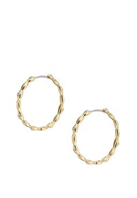 Goldfarbene Creolen mit einer strukturierten, gedrehten Design und drei kleinen Diamanten auf jeder Creole. Sie haben einen sicheren Klappverschluss.
