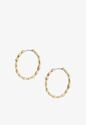 Goldfarbene Creolen mit einer strukturierten, gedrehten Design und drei kleinen Diamanten auf jeder Creole. Sie haben einen sicheren Klappverschluss.