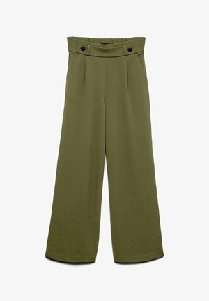 Olivengroene wijde broek met plooien, voorzien van een hoge tailleband en twee zwarte knopen als opvallende details. Glad, gestructureerd materiaal.