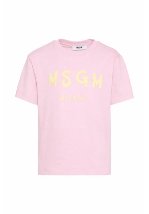 T-shirt rosa chiaro a maniche corte con scritta gialla "MSGM MILANO" stampata davanti e scollo rotondo.