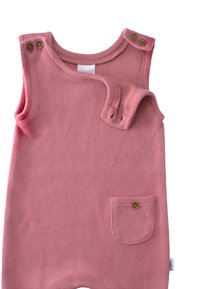 Pink ribbed sleeveless romper with two shoulder button fastenings, a front pocket, and soft texture.