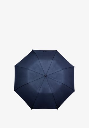 Marineblauwe paraplu met een achthoekige vorm, gemaakt van stof, voorzien van een centrale knop en een gladde textuur. Geen zichtbare patronen of accenten.