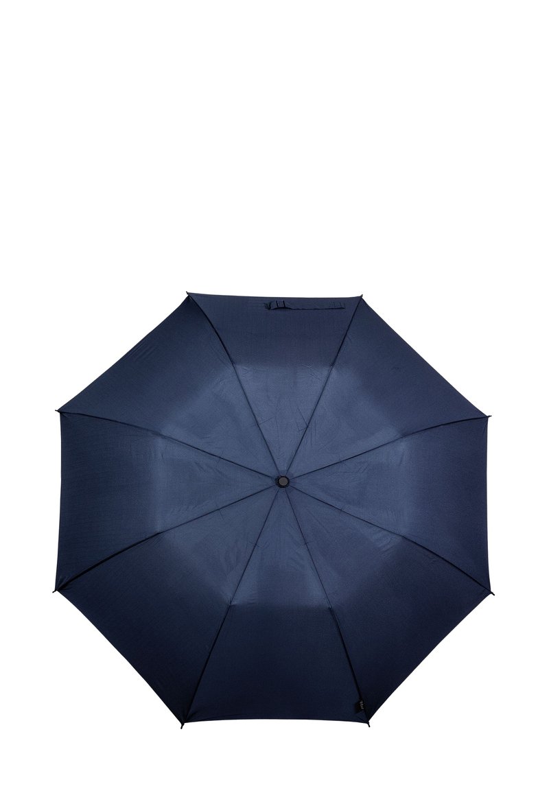 Ombrello blu navy di forma ottagonale, realizzato in tessuto, con un pulsante centrale e una texture liscia. Nessun motivo o accento visibile.