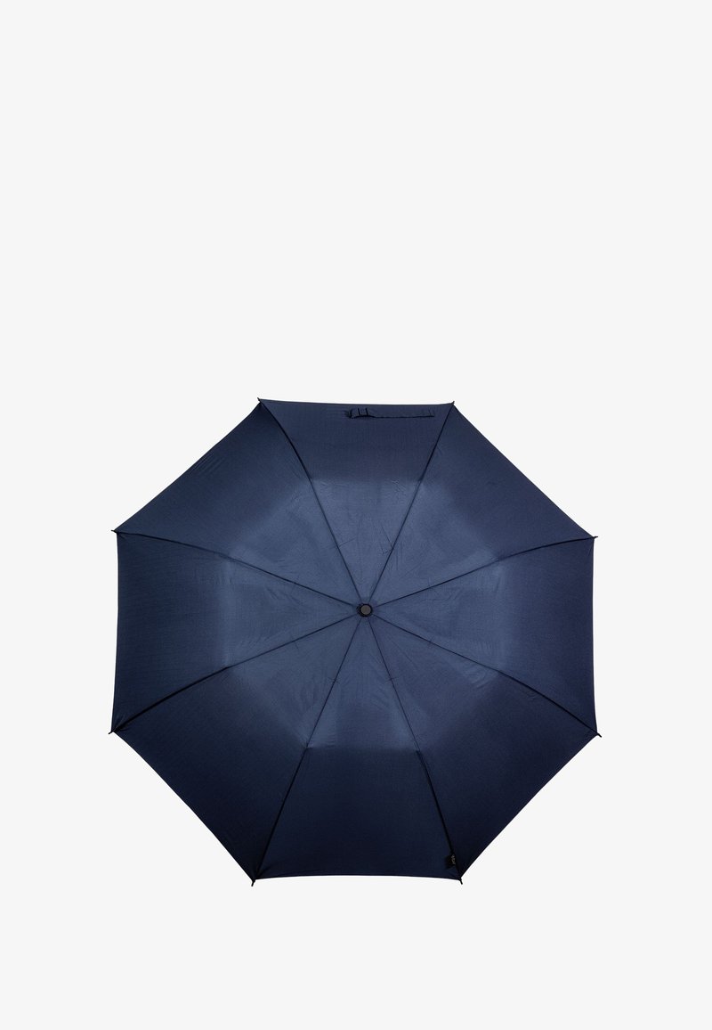 Ombrello blu navy di forma ottagonale, realizzato in tessuto, con un pulsante centrale e una texture liscia. Nessun motivo o accento visibile.
