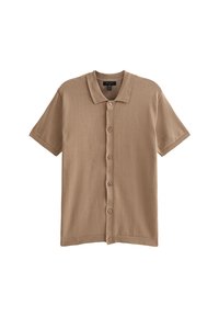 Camisa de punto de manga corta en color beige, con un diseño de botones en la parte delantera y cuello. Posee una textura suave, cinco botones y un dobladillo acanalado.