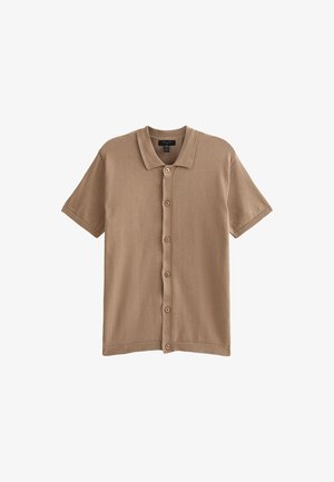 Kortärmad, beige stickad skjorta med knäppning framtill, krage och mjuk textur. Har fem knappar och ribbad nederkant.