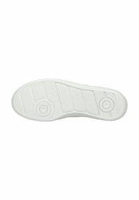 Suola di scarpa in gomma bianca con motivi testurizzati, accenti circolari e scanalature orizzontali per una migliore aderenza. Design pulito e minimale.