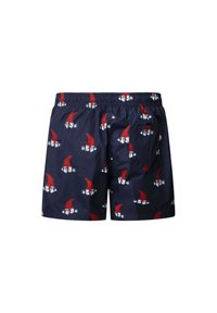 Mornarsko kopalne hlače z motivom rdečih in belih škratljev. Elastičen pas, sproščen dizajn, lahka tkanina in stranski žep.