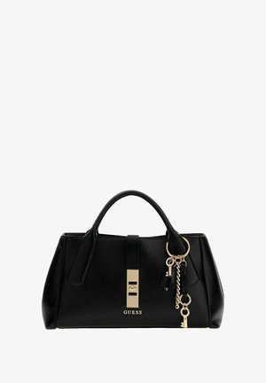 Sac à main en cuir noir avec un design structuré, des garnitures dorées et des accents de porte-clés. Dispose d'un fermoir central et du logo de la marque à l'avant.