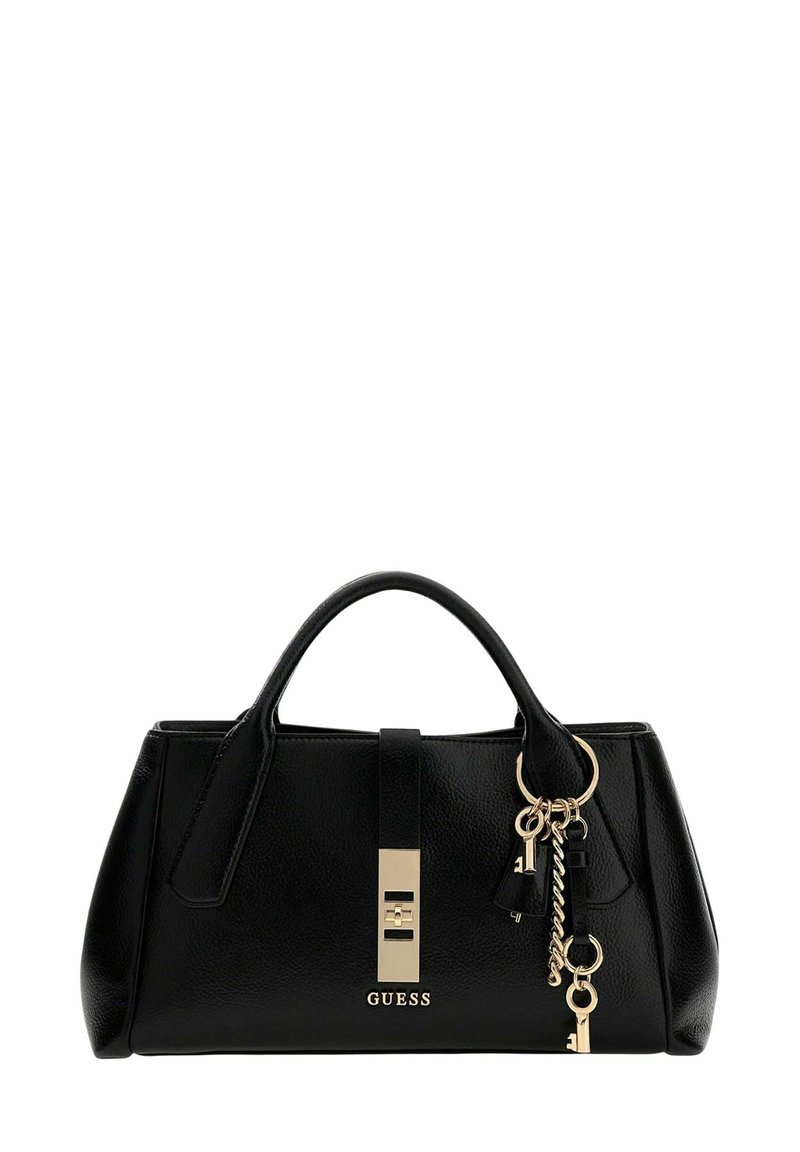 Sac à main en cuir noir avec un design structuré, des garnitures dorées et des accents de porte-clés. Dispose d'un fermoir central et du logo de la marque à l'avant.