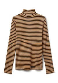 Brauner Rollkragenoberteil mit schwarzen horizontalen Streifen, langen Ärmeln, aus weichem Stoff und in körperbetontem Design. Besonders hervorzuheben ist der hohe Kragen.