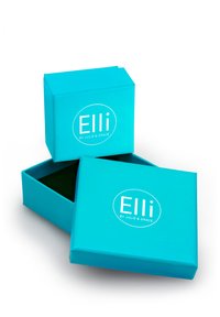 Türkisfarbene Geschenkbox mit glatter Oberfläche; besitzt ein grünes Innenleben und das Logo "Elli by Julie & Grace" auf der Vorderseite gedruckt.