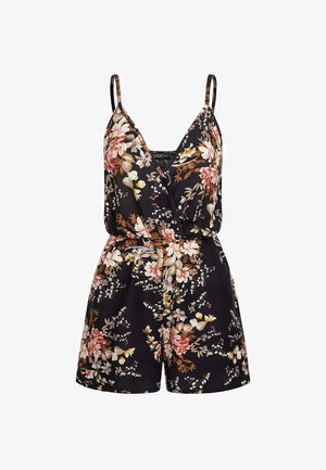 Zwarte bloemen jumpsuit met een wikkelontwerp, dunne banden en een elastische tailleband. Bloemmotieven in roze, roomkleurige en bruine tinten.