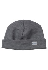 Gray knit beanie with a folded cuff, made of soft fabric. Features a woven label on the side with a blue logo.