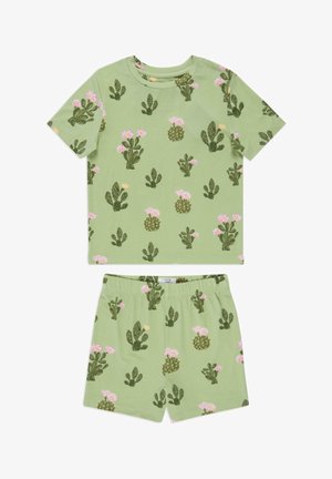 Groene set met kortemouwen shirt en shorts met cactus- en bloemenpatronen. Zachte katoen stof, elastische tailleband op de shorts.