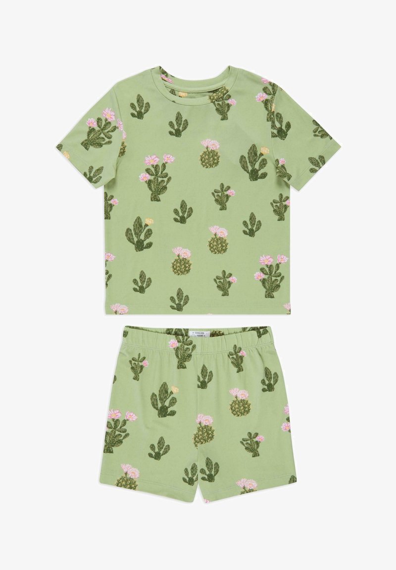 Green short-sleeve shirt and shorts set with cactus and flower patterns. Soft cotton fabric, elastic waistband on shorts.