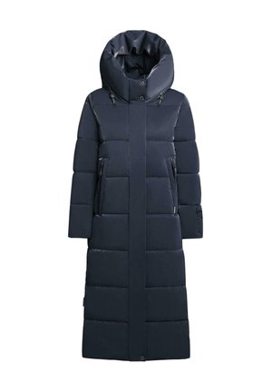 Navy Puffer-Jacke mit hohem Kragen, Reißverschlusstaschen und vertikaler Kammer-Design. Hat eine glatte, glänzende Textur und eine Kapuze.