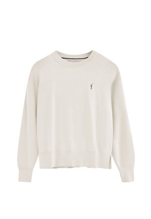 Cream-colored sweater with long sleeves, ribbed neckline and hem. Features a small brown embroidered logo on the left chest. Soft texture.