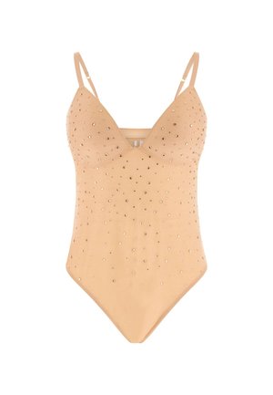 Maillot de bain une pièce beige avec fines bretelles réglables et ornements brillants éparpillés sur le devant.