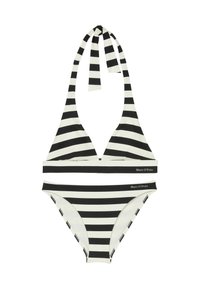 Mustavalkoinen raidallinen bikinit-setti, jossa on halter-neck-toppi syvällä V-leikkauksella ja siihen sopivat matalavyötäröiset alaosat, valmistettu pehmeästä kankaasta.