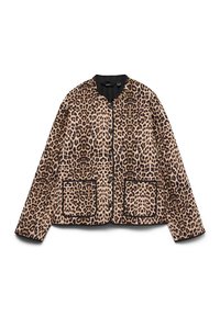 Leopard-print jacket with a round neckline, black trim, and two front pockets. Fabric appears soft with a fur-like texture.