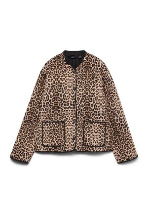 Leopardmønstret jakke med rund halsudskæring, sort kant og to frontlommer. Stoffet ser blødt ud med en pelslignende tekstur.