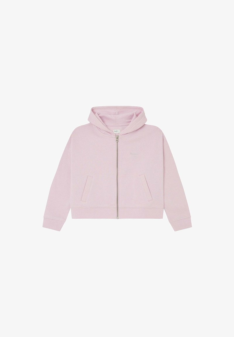 Svetlo roza zip-up kapuca z vrvico, sprednjimi žepi, rebrastimi rokavi in mehko teksturo tkanine. Diskretna podrobnost logotipa na prsih.