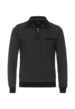 Ciemnoszary sweter z czarnym kołnierzykiem, z zamkiem błyskawicznym do połowy, oraz boczną kieszenią. Wykonany z teksturowanej tkaniny z ściągaczami przy mankietach i dole.