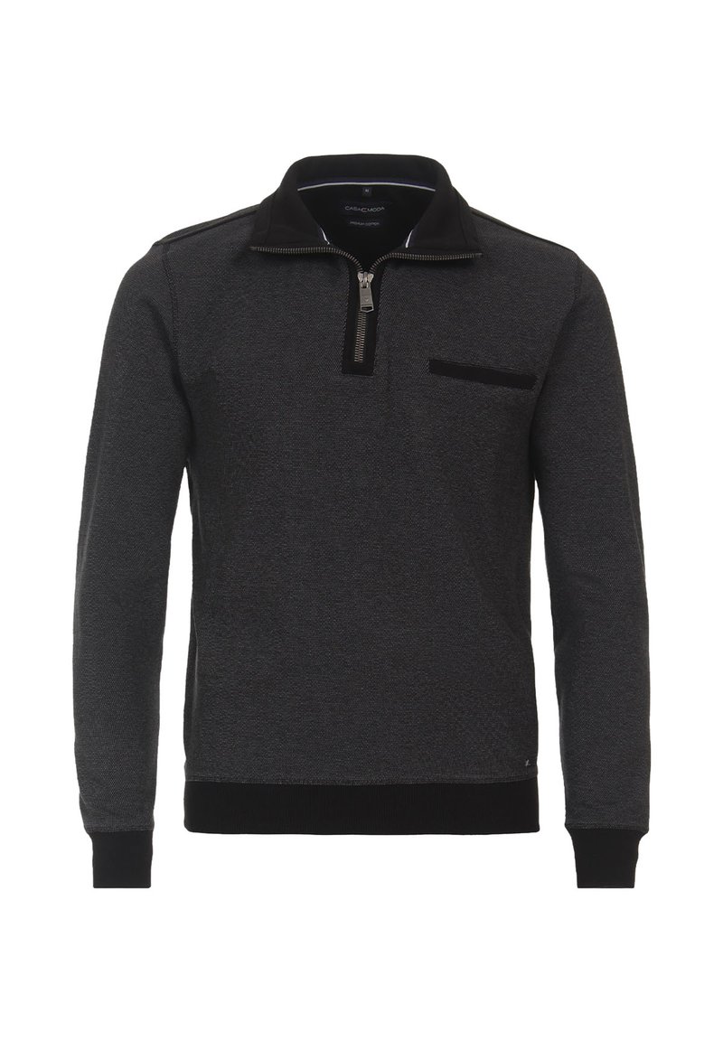 Donkergrijze pullover met een zwarte kraag, half-ritssluiting en een zijzak. Gemaakt van textiel met een gehaakt oppervlak en geribde manchetten en zoom.